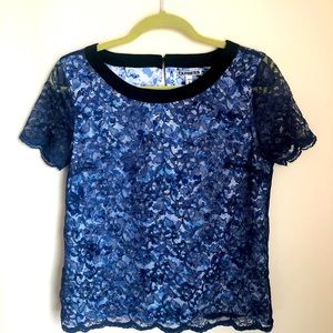 Express blue floral top with lace overlay, Size M